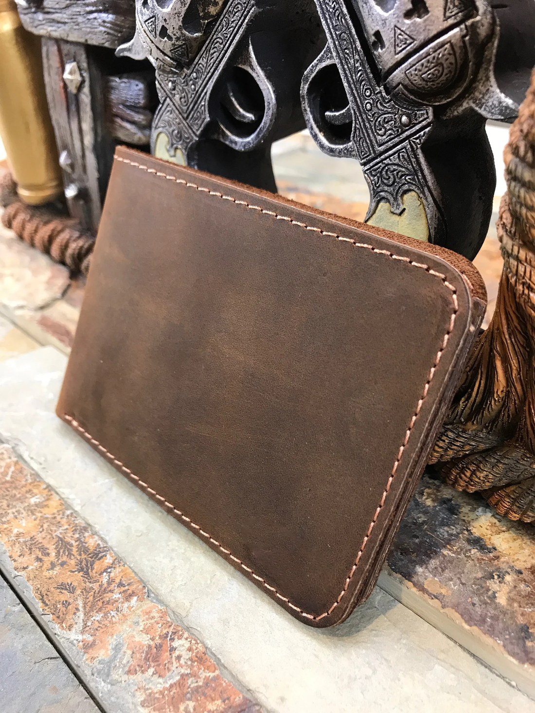Vintage Distressed Gray Leather Bifold Wallet