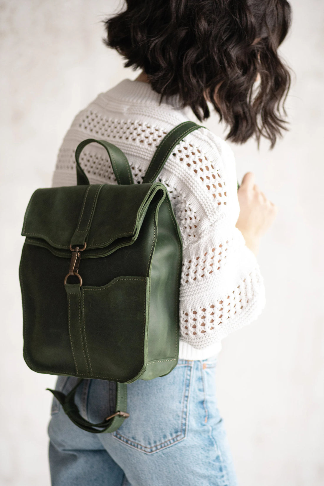 Small Dark Green Full Grain Leather Flap Backpack