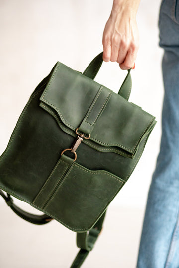 Small Dark Green Full Grain Leather Flap Backpack