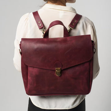 Burgundy Vintage Leather Convertible Backpack Briefcase