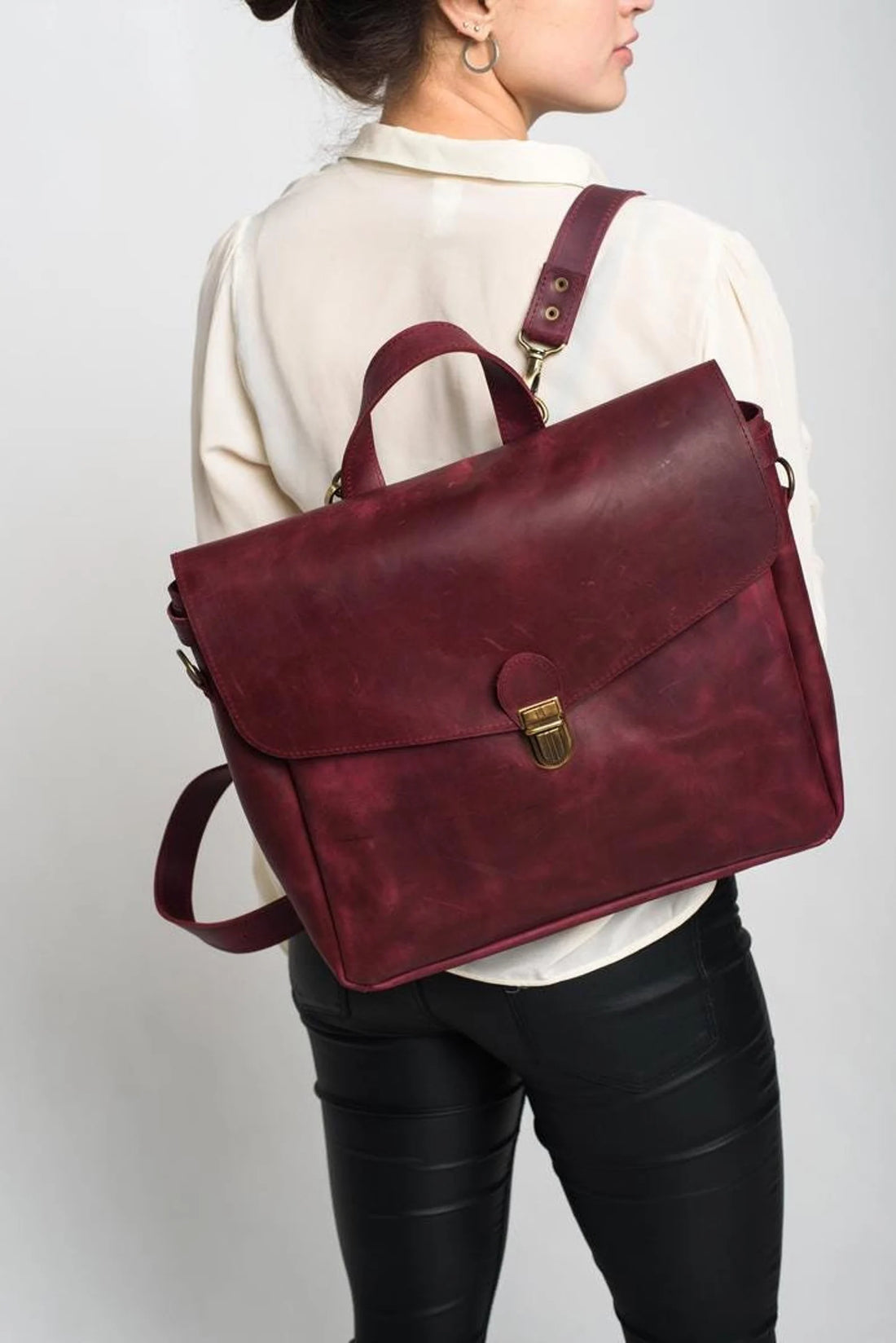 Burgundy Vintage Leather Convertible Backpack Briefcase