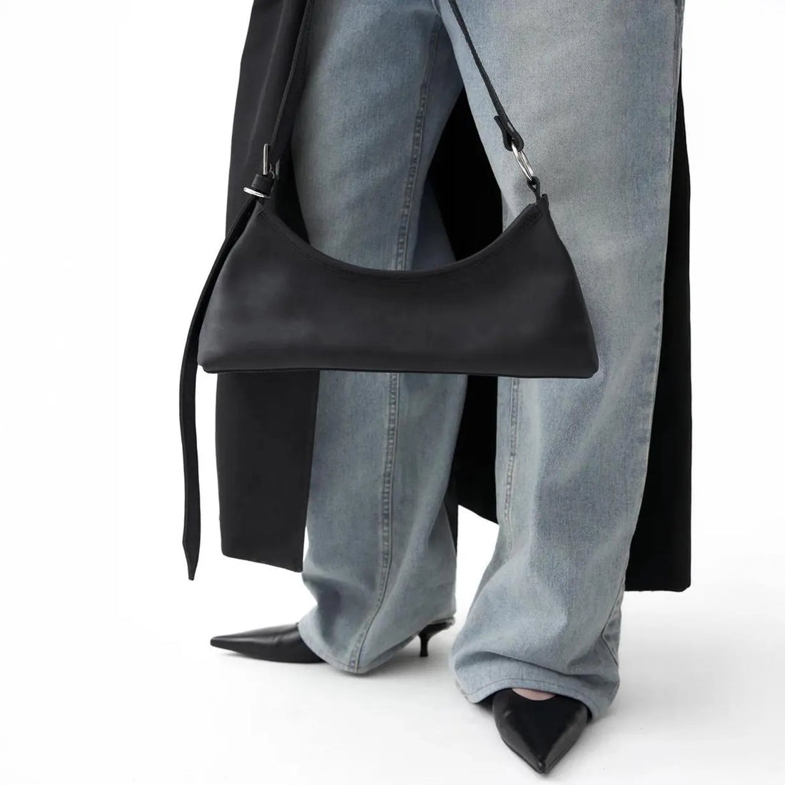Minimalist Black Genuine Leather Slim Baguette Shoulder Bag
