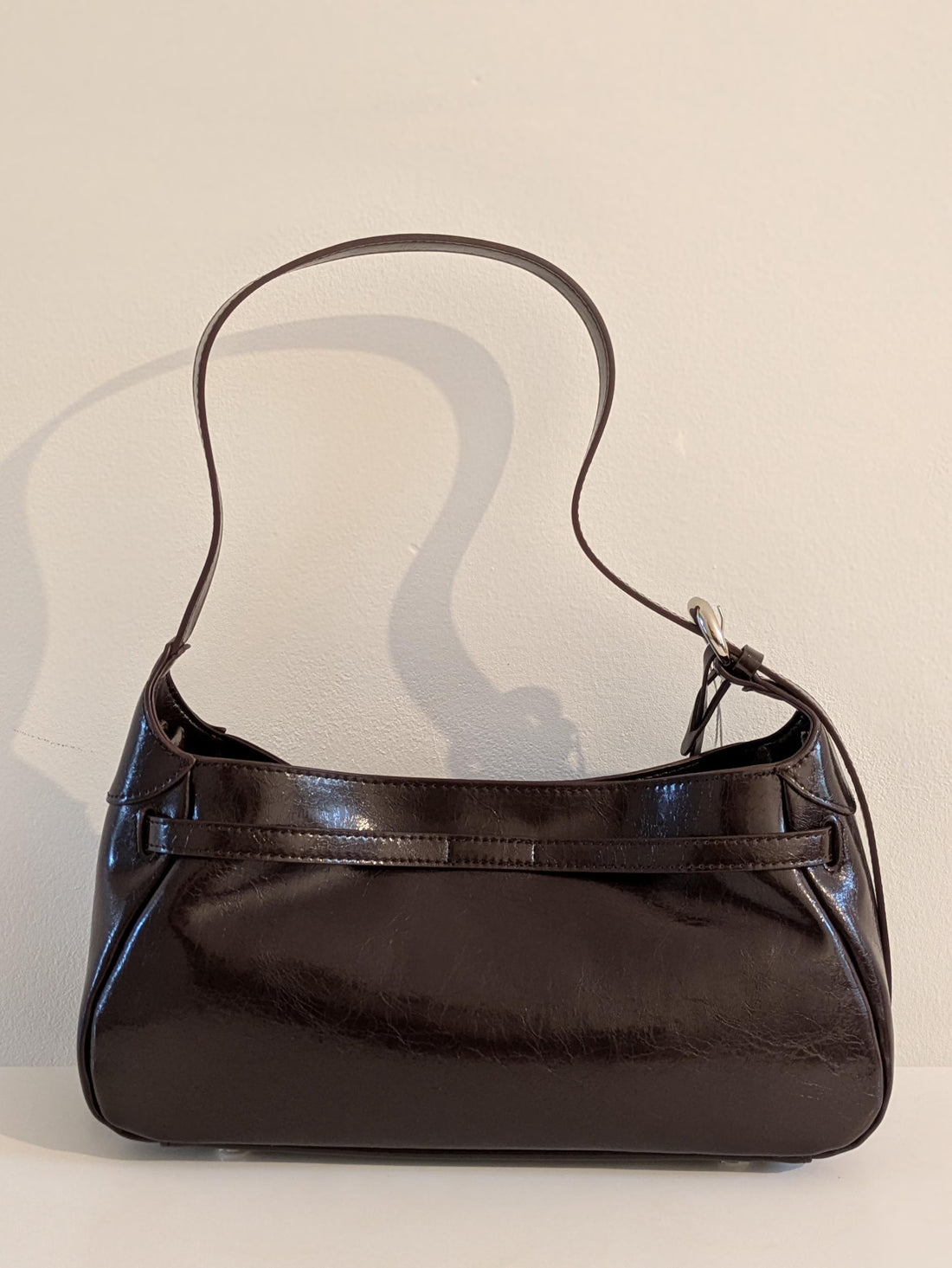Gloss Dark Brown Leather Lock Detail Shoulder Baguette Bag