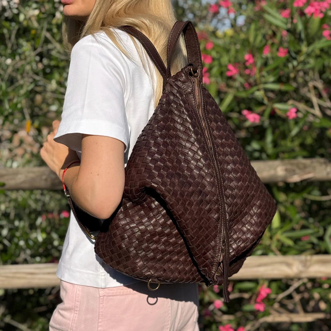Hand Woven Italian Leather Convertible Backpack