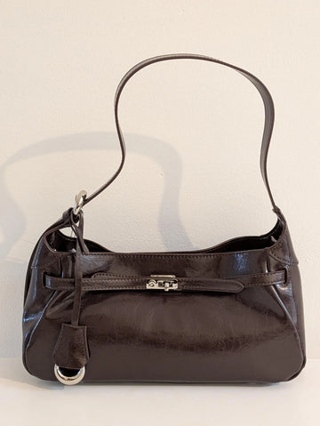 Gloss Dark Brown Leather Lock Detail Shoulder Baguette Bag
