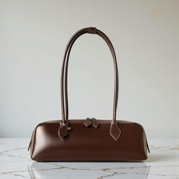 Smooth Dark Brown Structured Leather Baguette Shoulder Bag