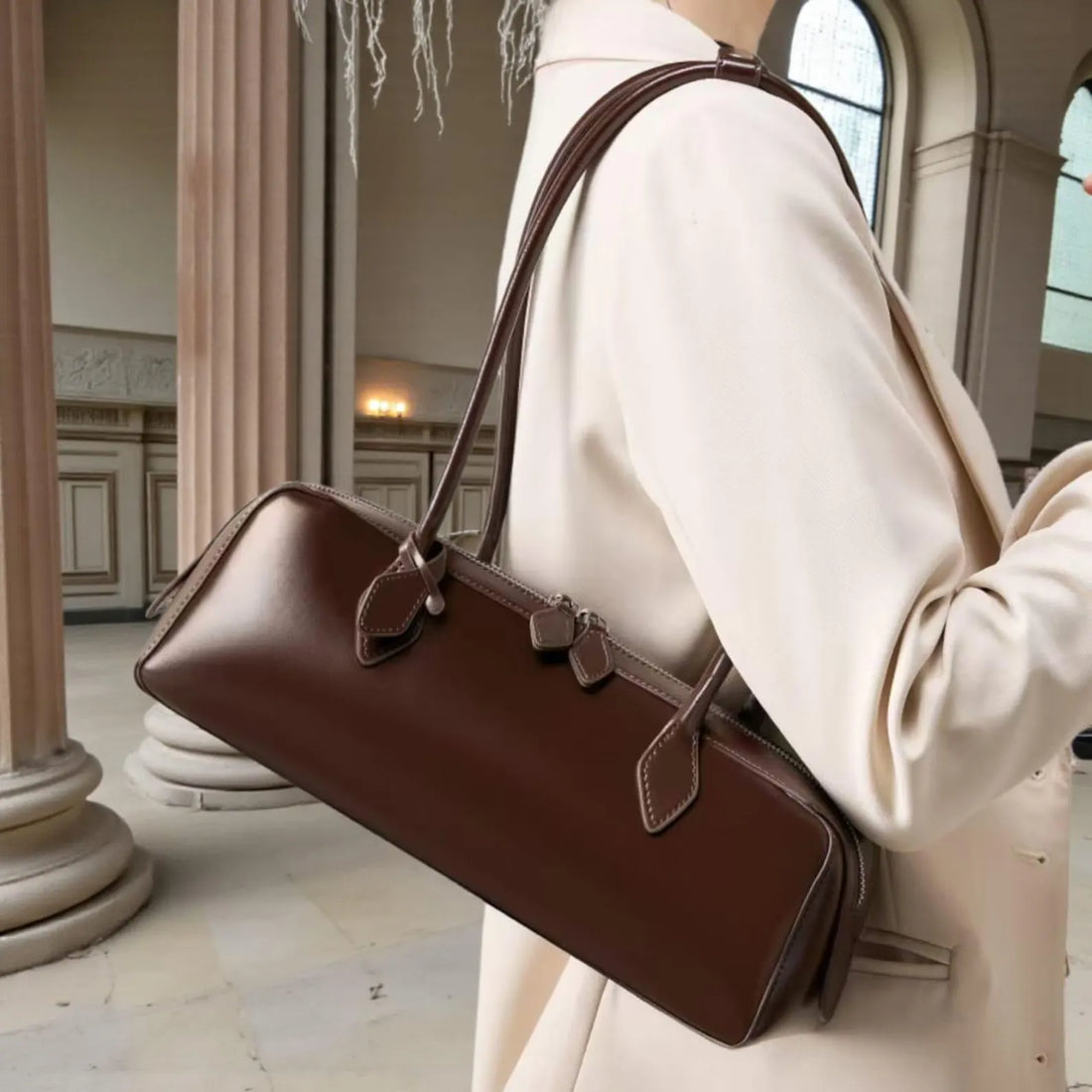 Smooth Dark Brown Structured Leather Baguette Shoulder Bag