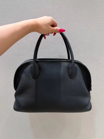 Soft Black Leather Casual Bowling Handbag