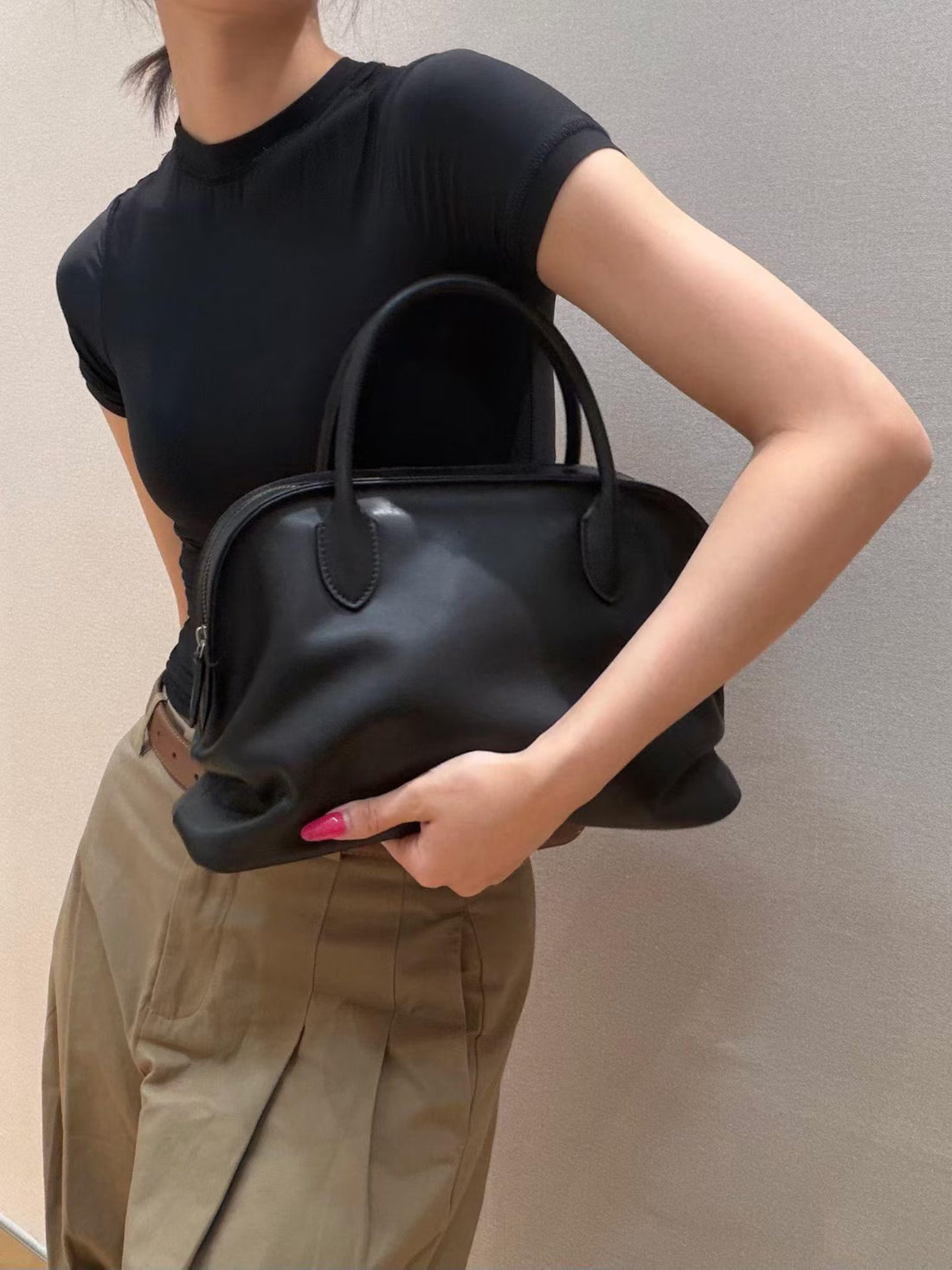 Soft Black Leather Casual Bowling Handbag