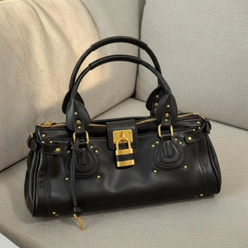 Vintage Black Soft Leather Lock Detail Satchel Handbag