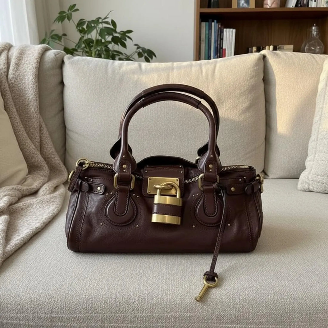 Vintage Black Soft Leather Lock Detail Satchel Handbag